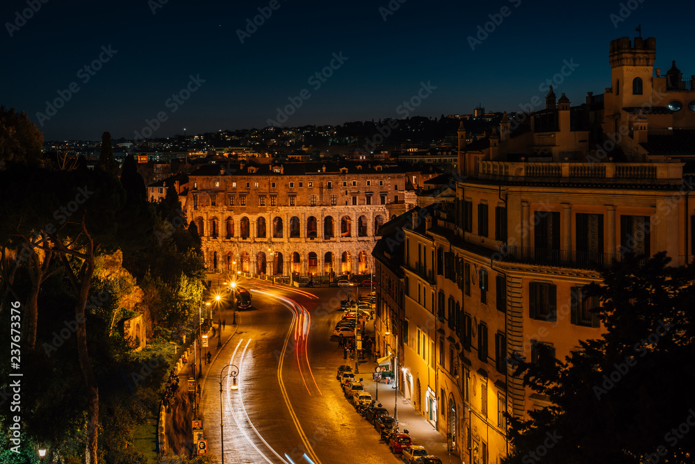 View of Via del Teatro di Marcello at night, from the Altare della Patria, in Rome, Italy.