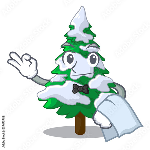 Waiter realistic fir tree in snow mascot