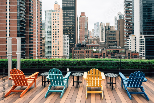 Chairs on a rooftop and view of Turtle Bay, in Midtown Manhattan, New York City