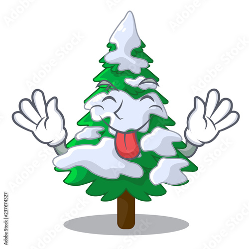 Tongue out fir with snow christmas tree cartoon