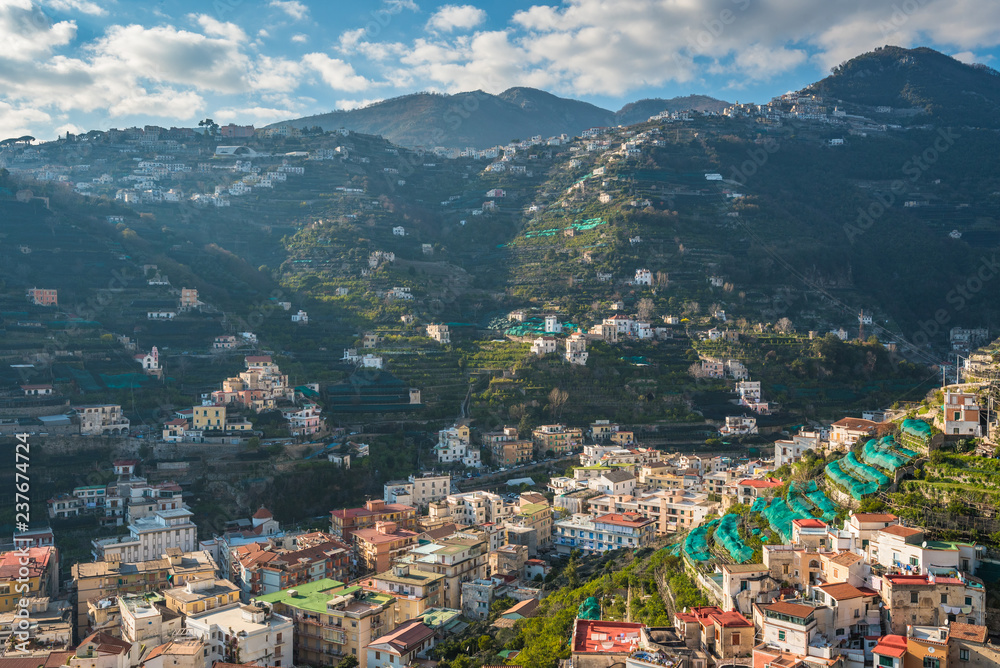 View of hills in Minori, on the Amalfi Coast in Campania, Italy