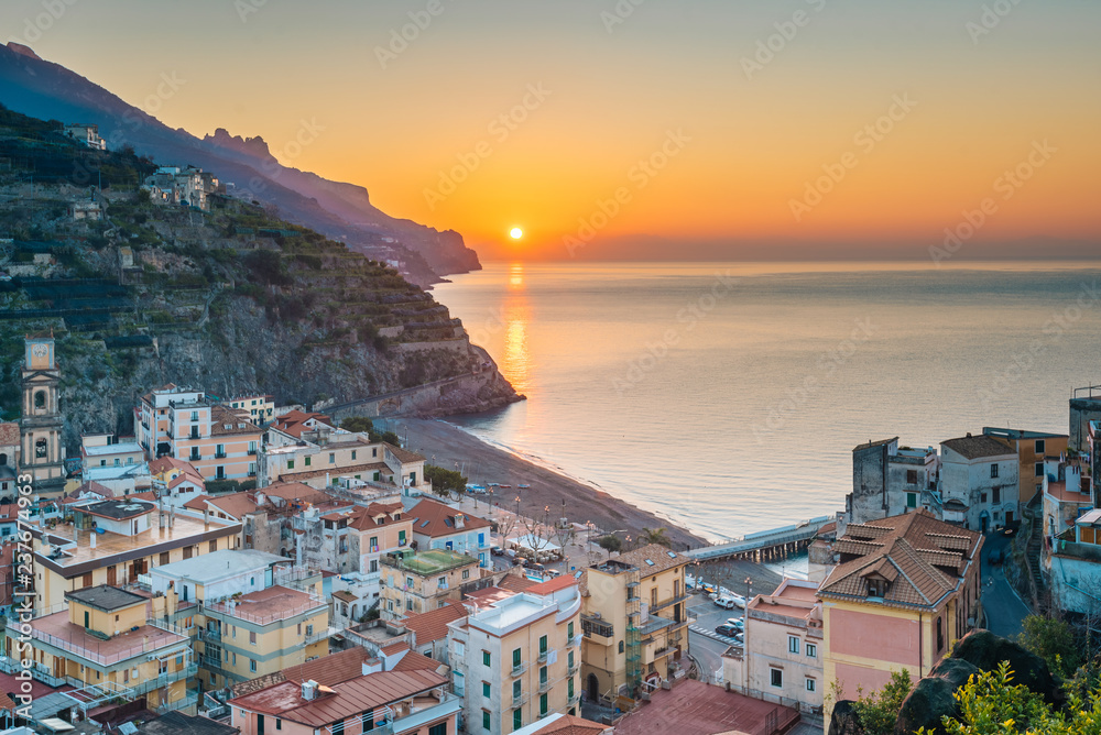 A sunrise view over Minori, on the Amalfi Coast, in Campania, Italy