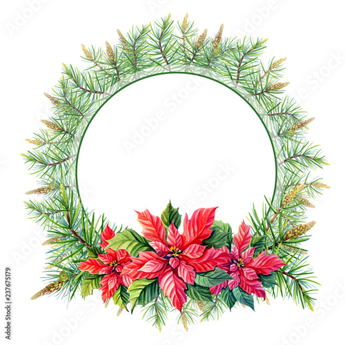 Fototapeta Naklejka Na Ścianę i Meble -  Watercolor Merry Christmas Wreath with Red poinsettia flowers, pine,spruce on white background.
