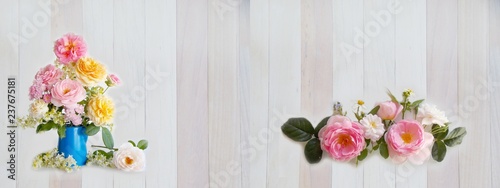 Beautiful rose bouquet on wooden background.