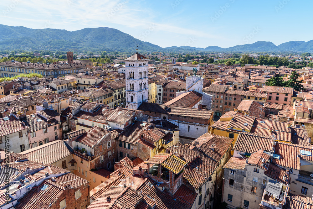 View on city from Torre delle Ore clock tower in Lucca. Italy