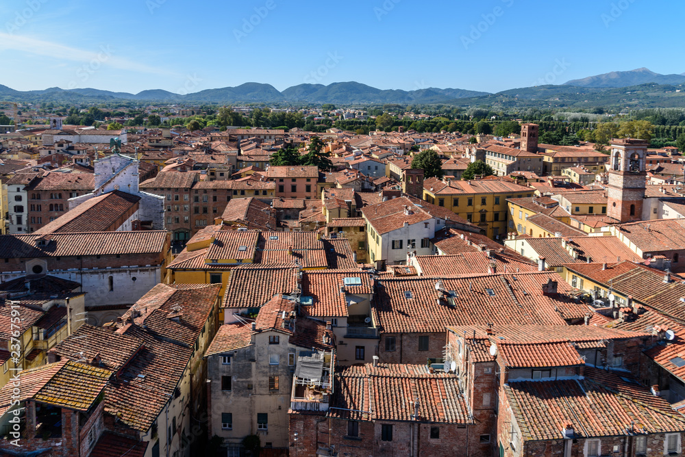 View on city from Torre delle Ore clock tower in Lucca. Italy