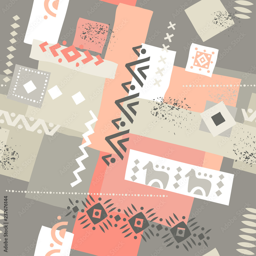 Seamless pattern with geometric shapes and ethnic structures.