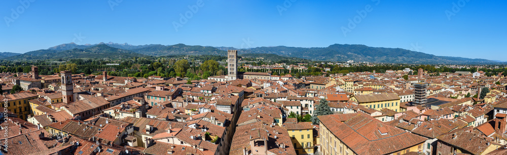 Panorama view on city from Torre delle Ore clock tower in Lucca. Italy