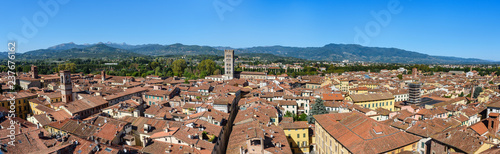 Panorama view on city from Torre delle Ore clock tower in Lucca. Italy