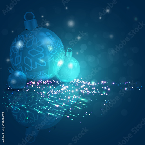 Christmas background dark blue  turquoise color with a set of Christmas shiny balls with snowflakes.