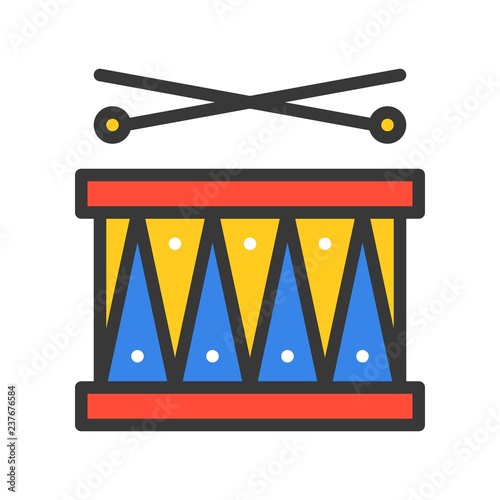 Drum with drumsticks vector icon, filled outline style editable stroke