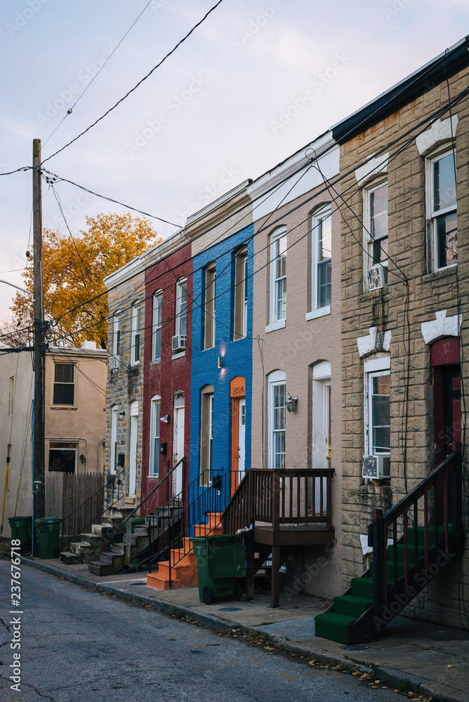 Colorful row homes in Remington, Baltimore, Maryland.