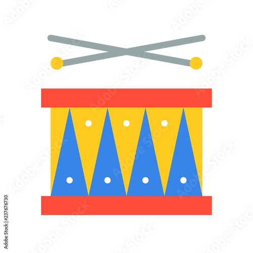 Drum with drumsticks vector icon, amusement park related flat style