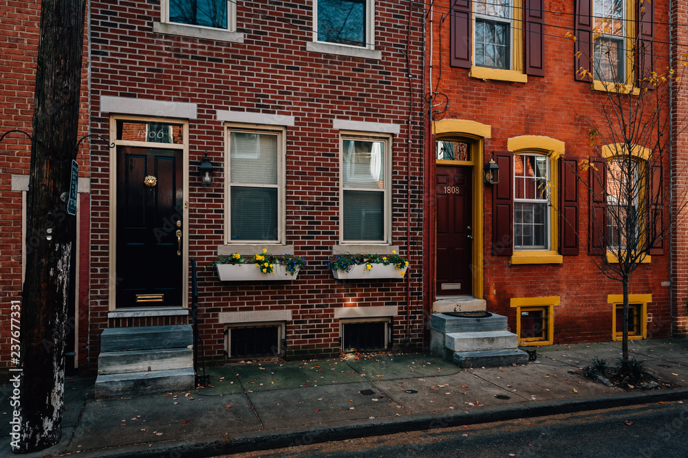 Brick row houses near Rittenhouse Square, in Philadelphia, Pennsylvania.