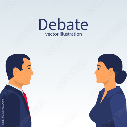Debate male and women. Man face to face with a woman. Collided in battle. Versus concept. Vector flat design. Isolated on background. Business conflict. Meeting of opponents. Public dialog voters.