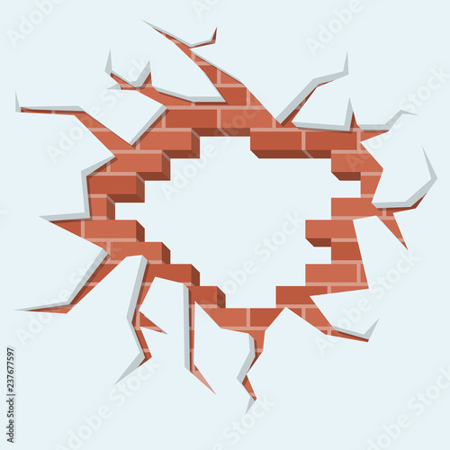Hole in wall. Destroyed brick, cracked cement. Brown red broken shattered brickwork. Old stone surface. Vector illustration flat design. Grunge template. Damage wall. Shabby plaster.