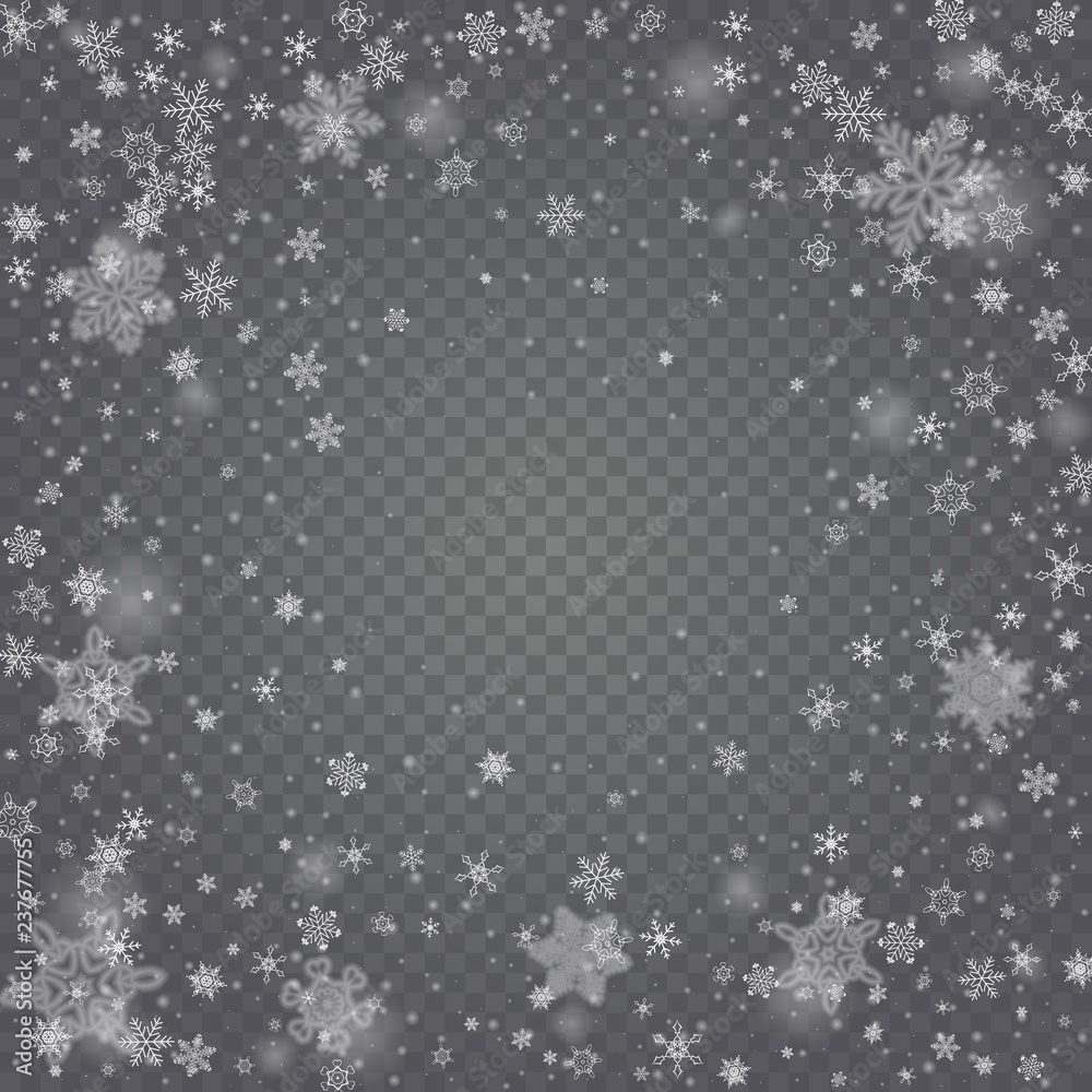 Fototapeta premium Vector snowfall, snowflakes of various shapes. Many white cold flaky elements on transparent background. White falling fly in the air.