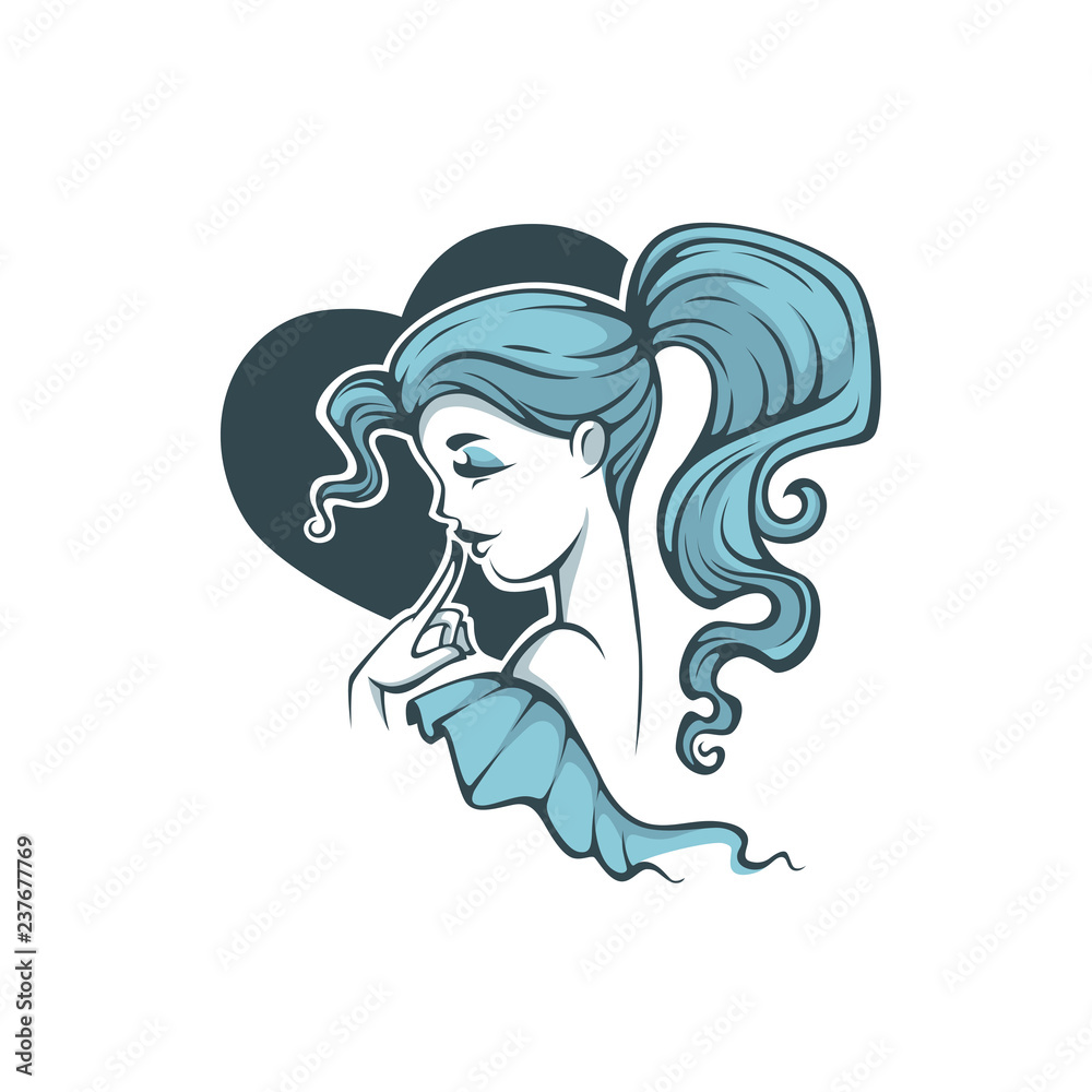 Cute cartoon girl with blue hair, on heart shape background for your logo, label, emblem