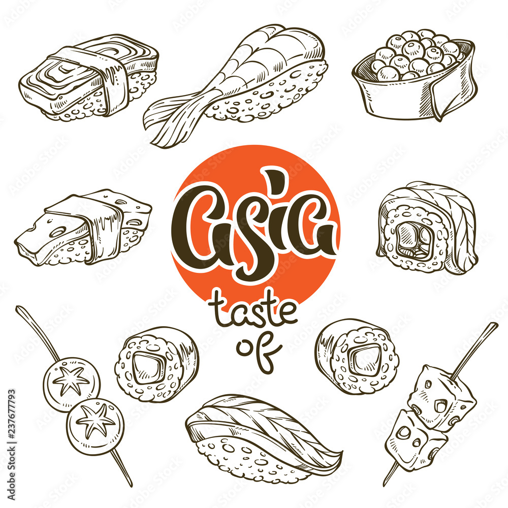 Obraz premium asian food, sushi and japanese snack lineart, doodle, sketch collection for your coloring book