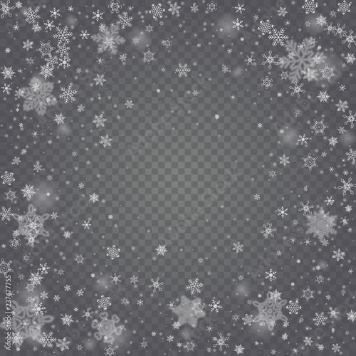 Vector snowfall, snowflakes of various shapes. Many white cold flaky elements on transparent background. White falling fly in the air.