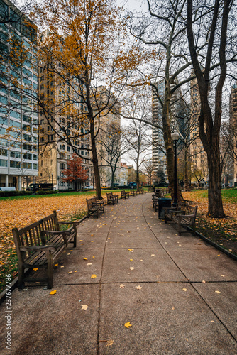 Autumn color and walkway at Rittenhouse Square Park, in Philadelphia, Pennsylvania.
