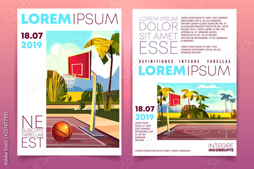 Basketball tournament cartoon vector promo brochure or invitation flyer template with basketball ball on outdoor court on tropical seashore illustration. Sports activity and entertainments on resort
