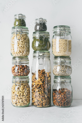 Glass jars with Superfoods stacked on top of each other
