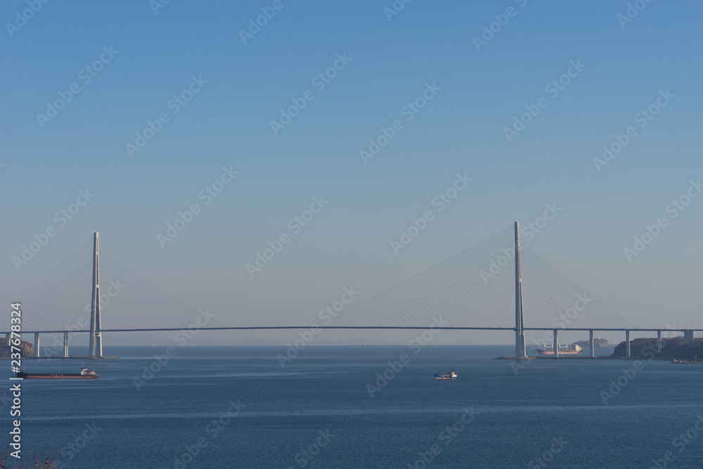 Marine landscape with views of the Russian bridge on the horizon.