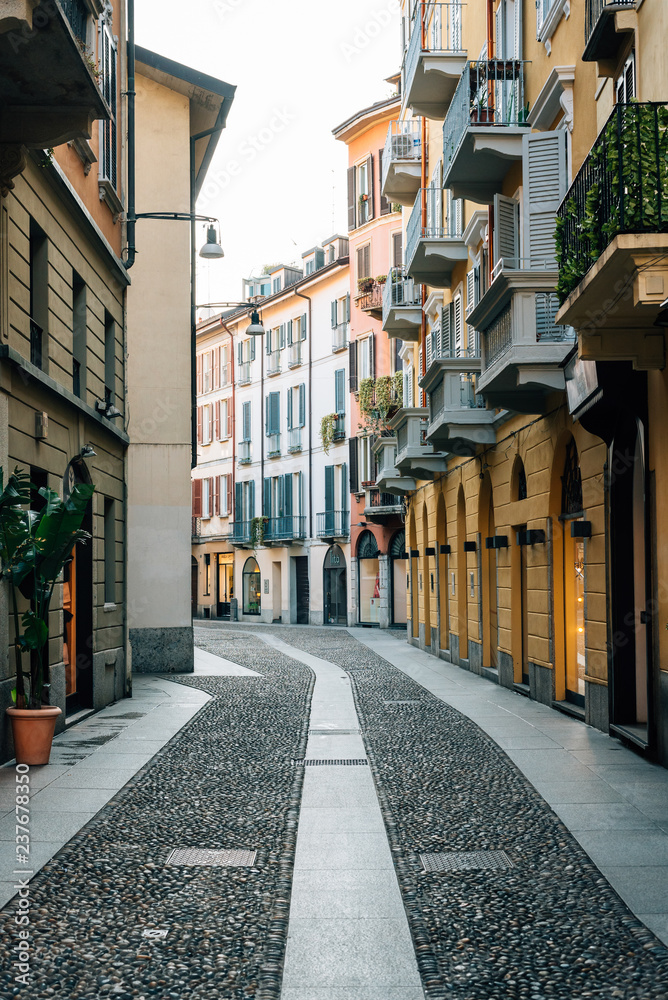 Fototapeta premium A cobblestone street and colorful buildings in Brera, Milan