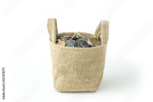Coin Basket thailand money baht isolate there are many varieties. The concept of saving money and the growth of the economy. on white background and clipping path.