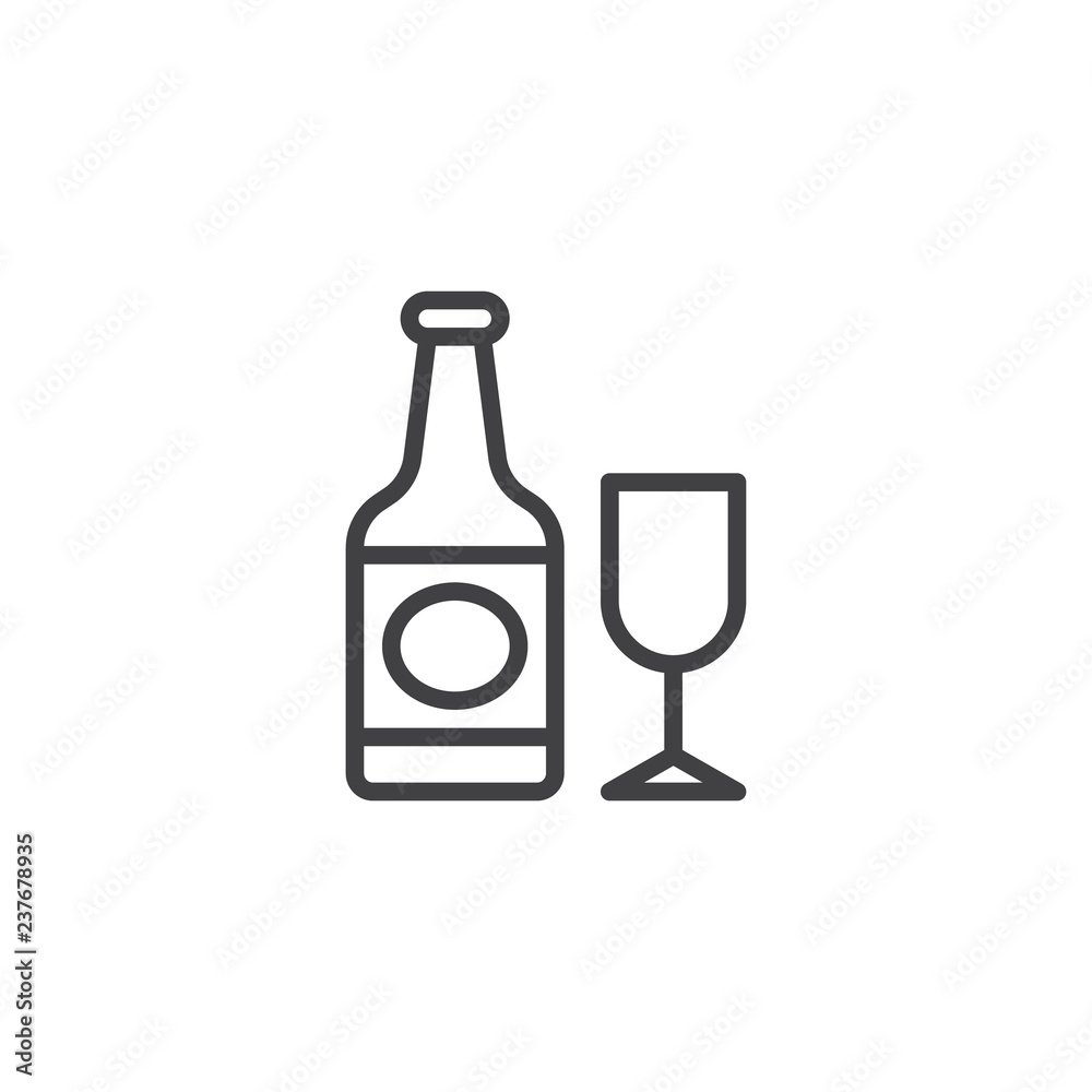 Champagne bottle and glass outline icon. linear style sign for mobile concept and web design. Wine bottle with wineglass simple line vector icon. Symbol, logo illustration. Pixel perfect vector