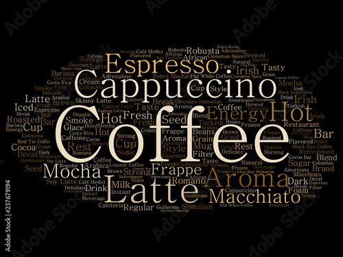 Vector conceptual creative hot morning italian coffee break, cappuccino or espresso restaurant or cafeteria abstract beverage word cloud isolated on background. An energy or taste drink concept text