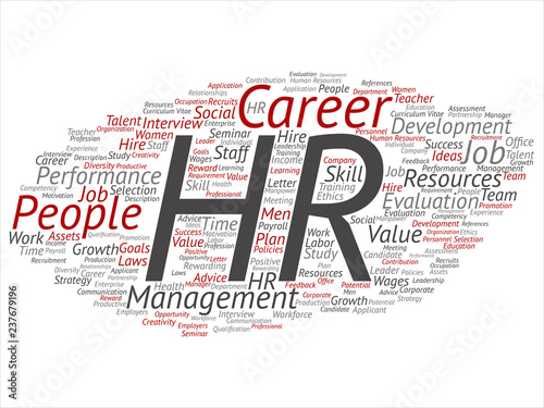 Vector concept conceptual hr or human resources career management abstract word cloud isolated on background. Collage of workplace, development, hiring success, competence goal, corporate or job text