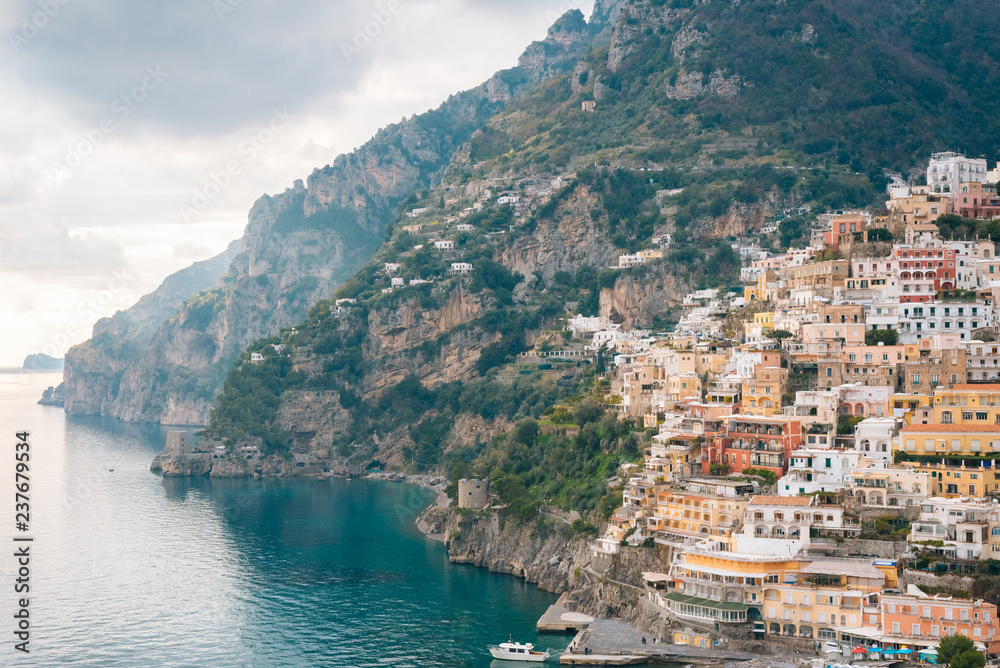View over Positano and the Tyrrhenian Sea, on the Amalfi Coast, in Campania, Italy