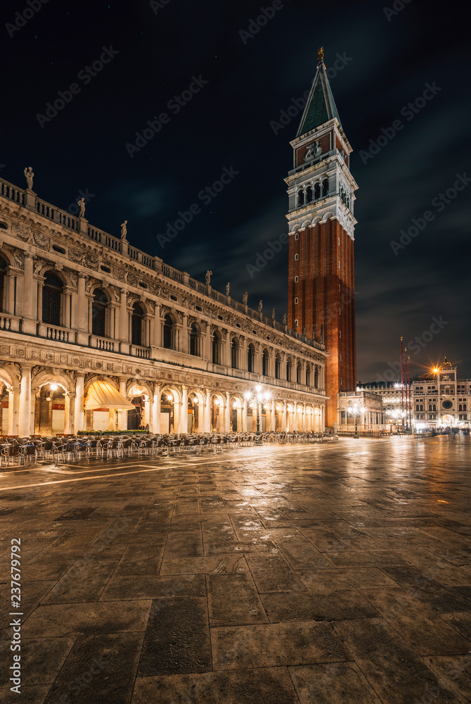 The Campanile at St. Marks Square at night, in Venice, Italy