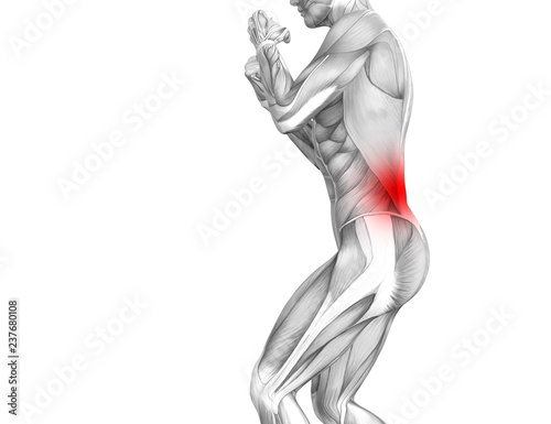 Fototapeta Naklejka Na Ścianę i Meble -  Conceptual back human anatomy with red hot spot inflammation articular joint pain or spine health care therapy or sport muscle concepts. 3D illustration man arthritis or bone sore osteoporosis disease