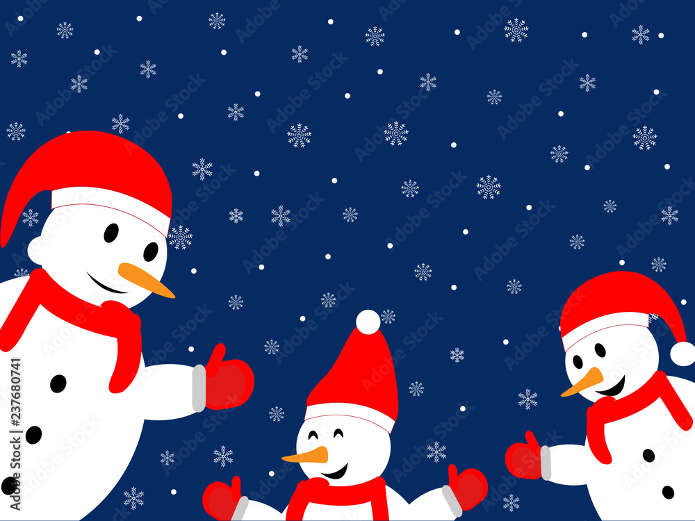 Fototapeta premium Three happy snowman on a dark blue background with snowflakes