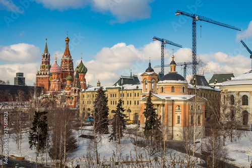 Moscow Kremlin. View of Spasskaya tower and St. Basil's cathedral from Zaryadye Park
