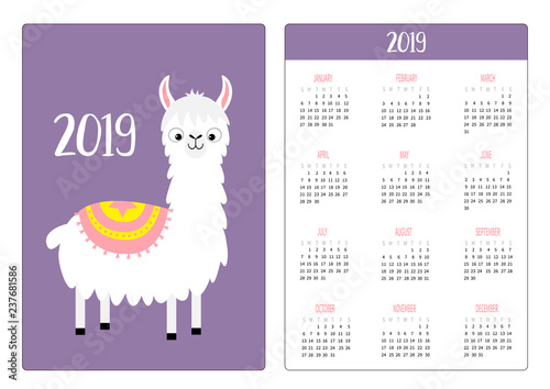 Cute alpaca llama smiling. Simple pocket calendar layout 2019 new year. Week starts Sunday. Vertical orientation. Cartoon kawaii funny baby character. Flat design. Violet background.