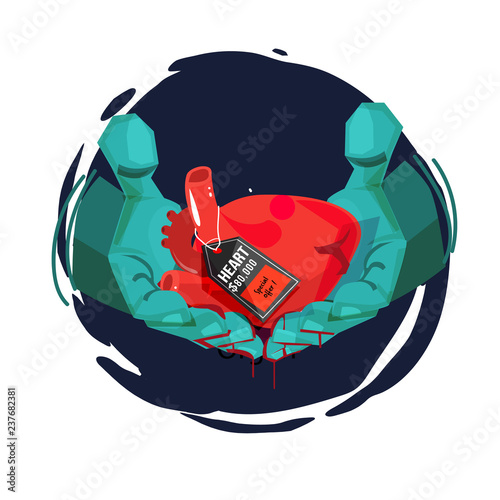 doctor hand with human heart and price tag. Heart trafficking. organ trafficking. organ trade - vector