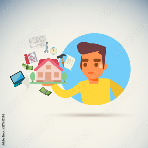 worry man with ploblem about build a home icon. top reason from build home make you pain concept - vector photo