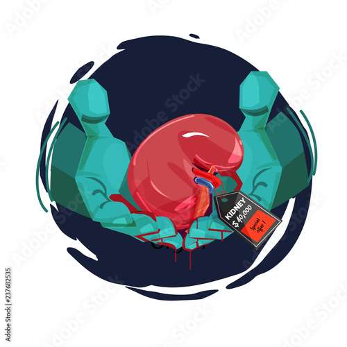 Human hand with doctor glove giving a kidney with price tag. Organ Trafficking for money concept - vector