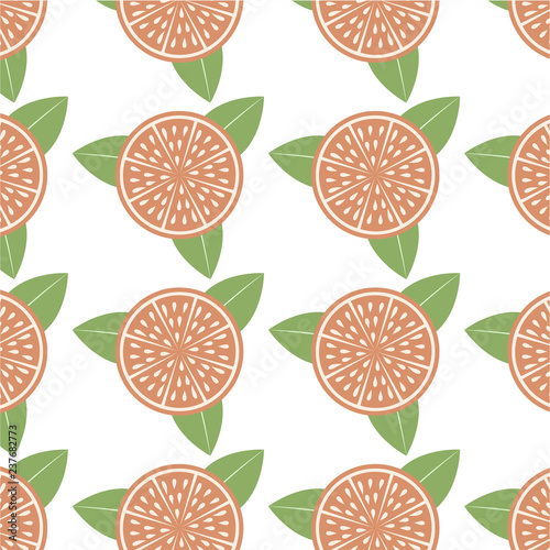 Seamless pattern with orange slices and leaves. Organic background concept.