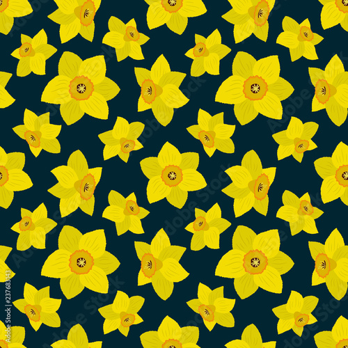 Seamless pattern with yellow daffodils on a dark blue background. Floral background. Vector illustration.