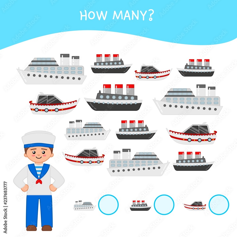 Counting educational children game, math kids activity sheet. How many objects task. Cartoon sailor and boat.