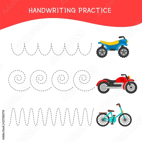 handwriting Handwriting practice sheet. Basic writing. Educational game for children. Cartoon transport.