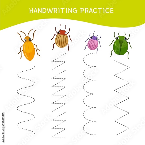 Handwriting practice sheet. Basic writing. Educational game for children. Cartoon insects.