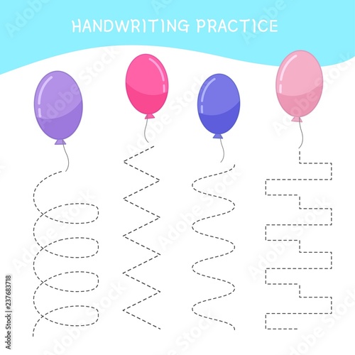 Handwriting practice sheet. Basic writing. Educational game for children. Cartoon Balloon.