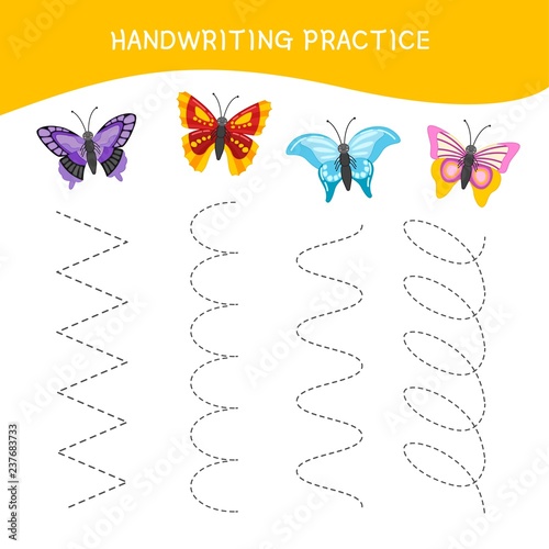Handwriting practice sheet. Basic writing. Educational game for children. Cartoon butterfly.