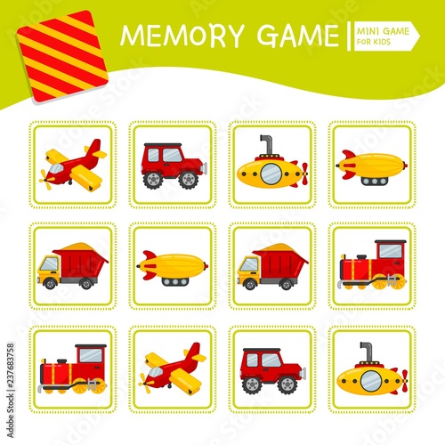 Memory game for preschool children, vector cards with cartoon transport. Find two identical picture. Kids activity page for book. 